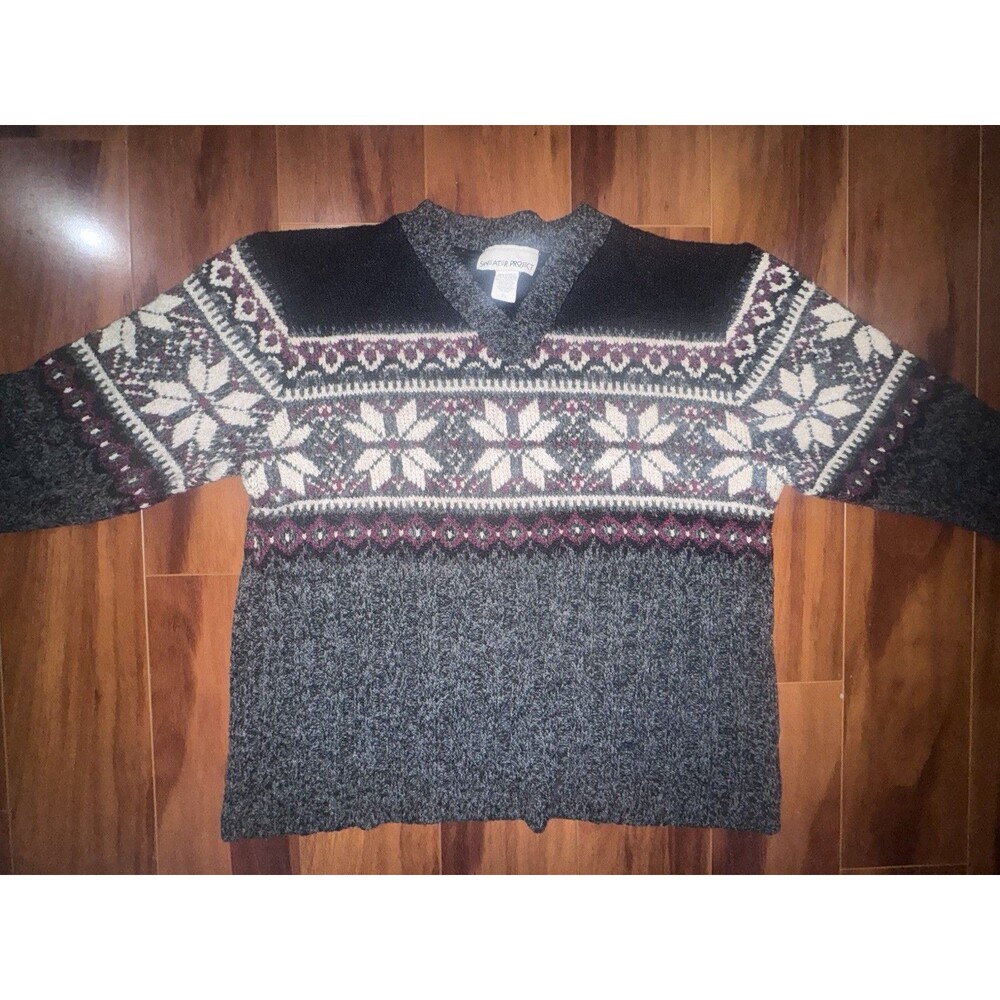 Vintage Sweater Project USA 2X Nordic Fair Isle V Neck Knit Sweater Made USA